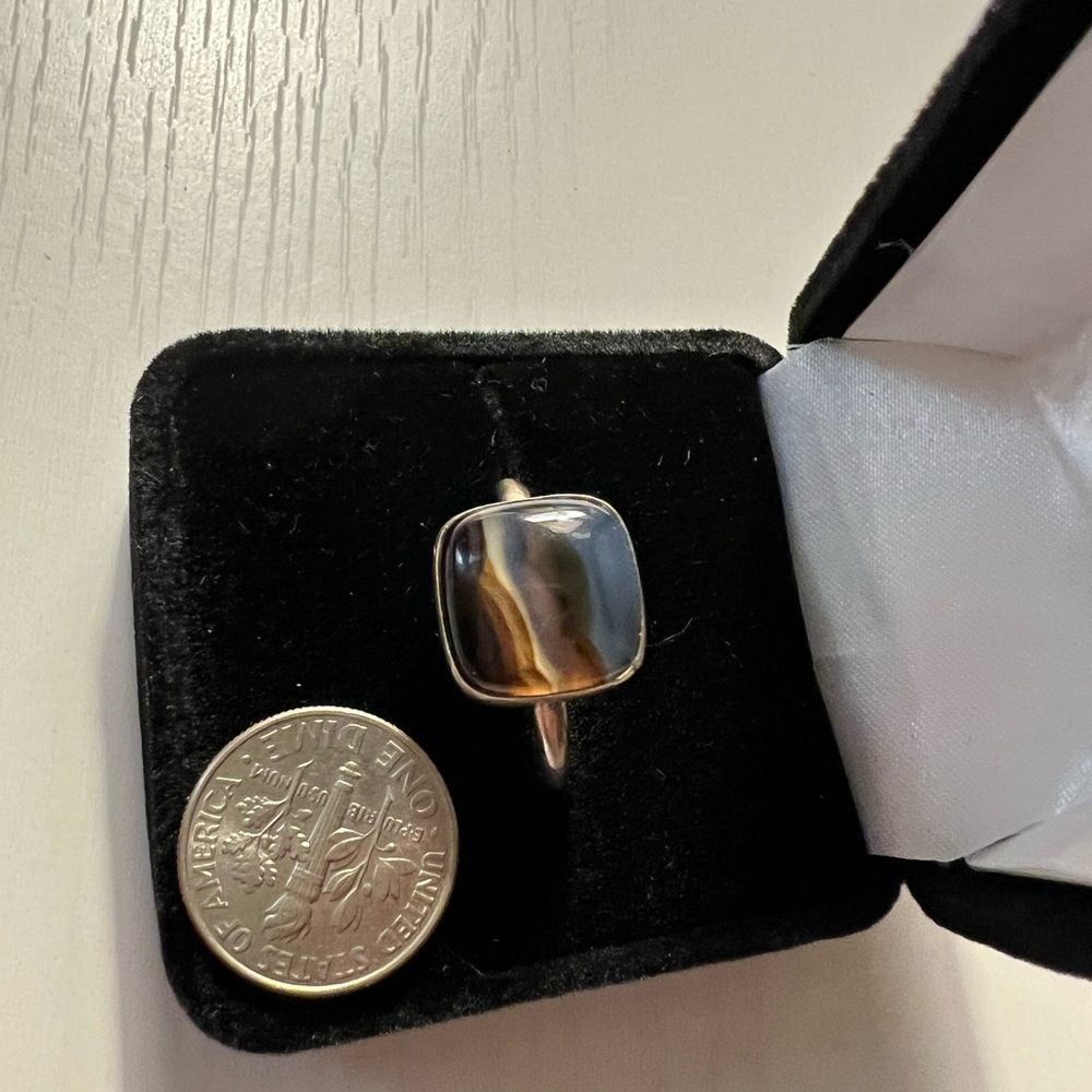 Brown Blue Black Agate Cushion Cut Ring